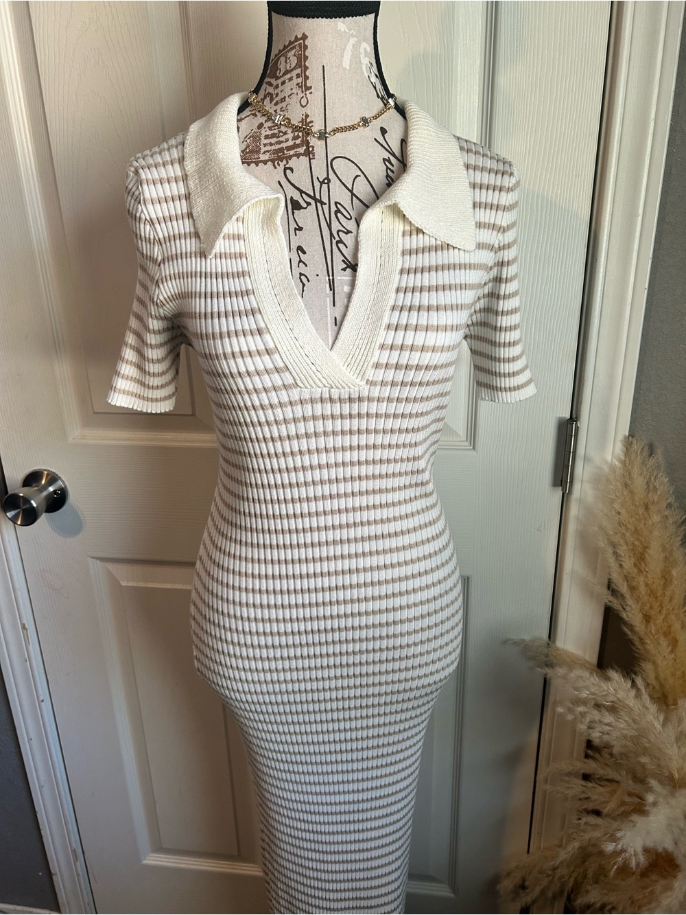 Ribbed Knit Polo Midi Dress in Cream and Beige